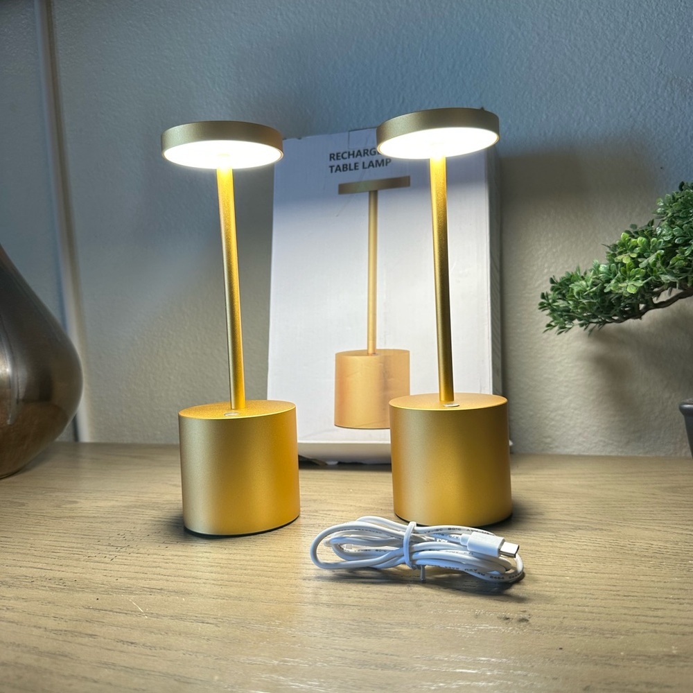 2pcs Cordless Rechargeable LED Table Lamps 5000mAh Battery Gold Metal 3 Levels